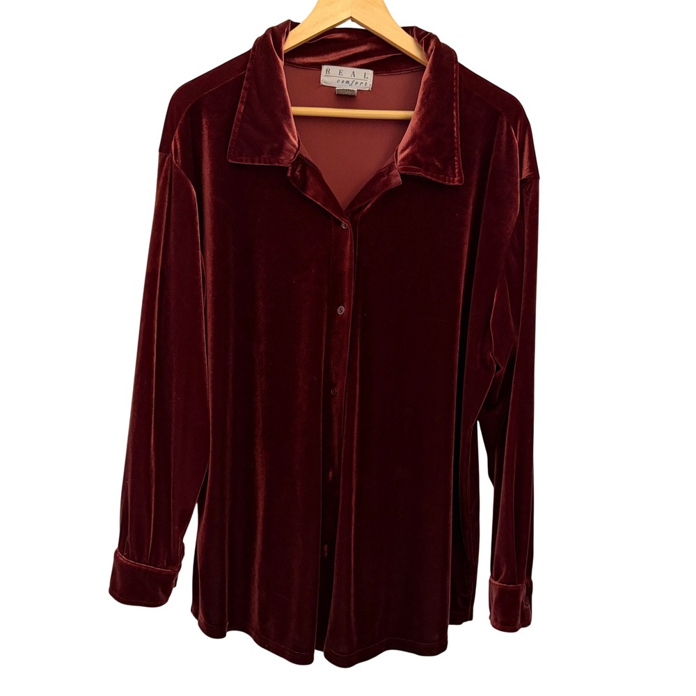 Real Comfort Velvet Button Down Shirt Womens Large Burgundy Stretch Luxe‎